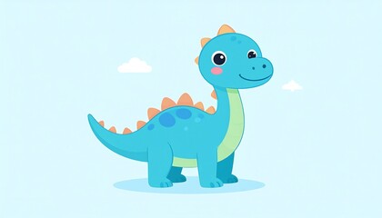 Naklejka premium Adorable cartoon dinosaur with a friendly smile, standing against a light blue backdrop with a few white clouds. Simple and inviting style