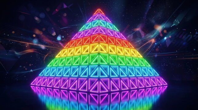 Colorful Neon Pyramid with Bright Glow and Geometric Shapes in a Vibrant Abstract Setting