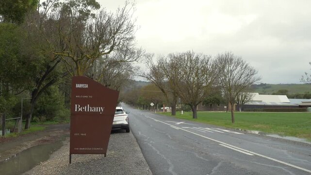 Roadside Welcome Sign At The Entrance To Bethany, Historic Town In Barossa Valley, South Australia. static long shot