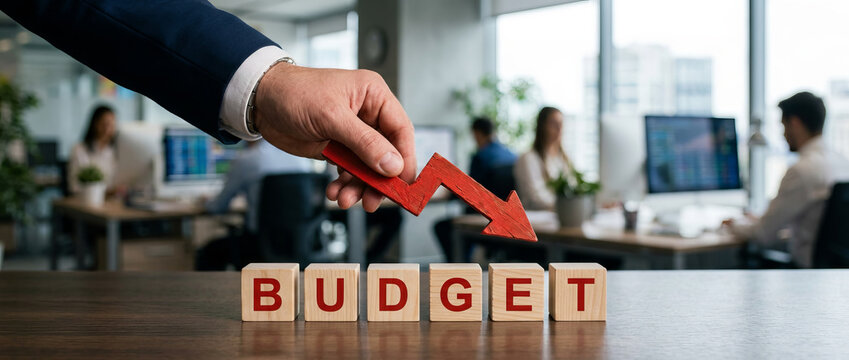 Budget reduction crisis concept with a hand placing a red downward arrow over 'BUDGET' wooden blocks in a modern office.