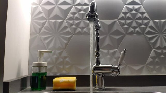 Modern faucet running water, soap in stylish bathroom setting