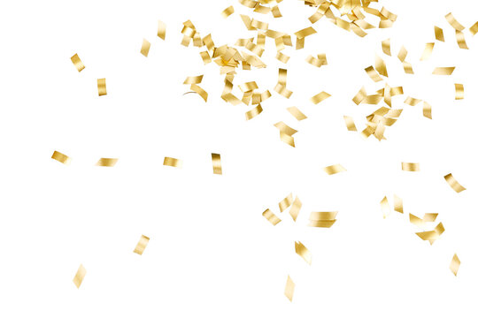 falling shiny gold glitter particles or confetti with glossy and shiny texture isolated on white or transparent png