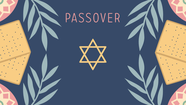 Vector passover design with matzah star of david and leaves on blue background for jewish holiday