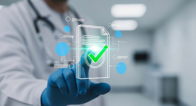 Medical document with a checkmark icon, representing approval or verification in healthcare, with a doctor's hand in a glove pointing to it