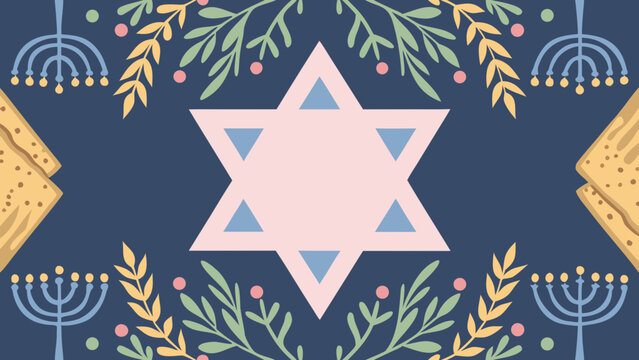 Festive flat vector illustration of passover elements including a prominent star of david matzah and menorahs surrounded by decorative botanical branches and berries on a deep