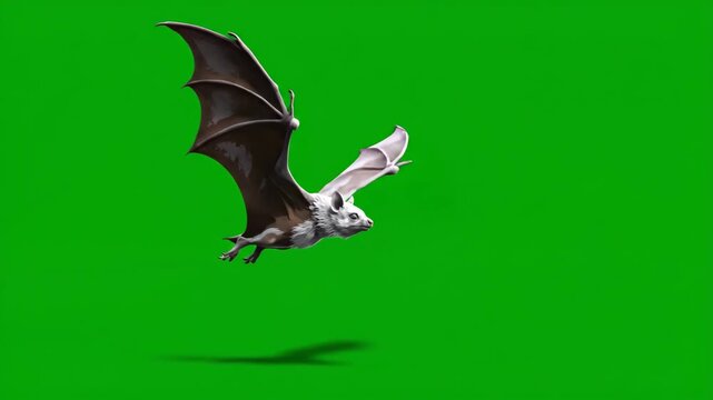 A realistic 3D animated bat flying on a green screen, perfect for compositing into spooky or nature-themed projects.