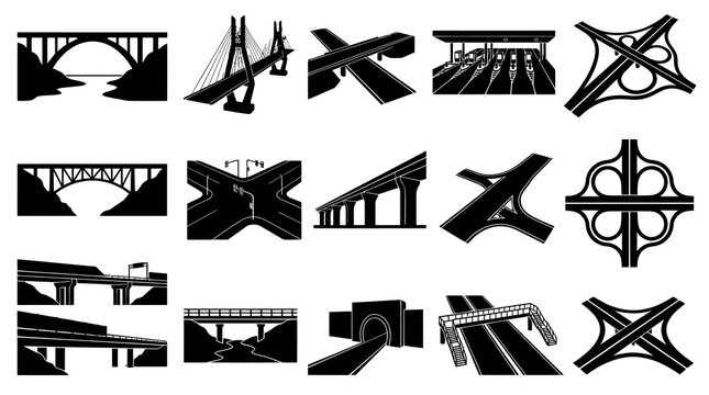 Black and White Vector Icons of Bridges and Highway Interchanges