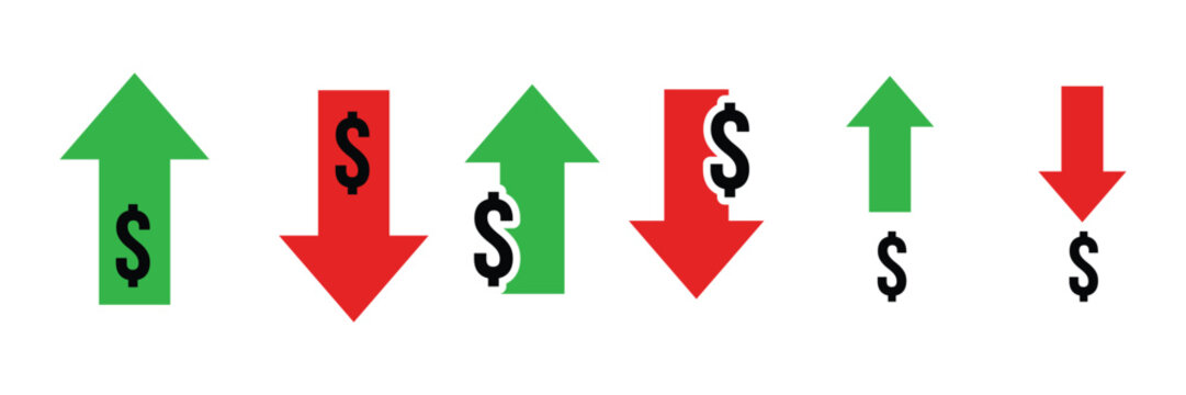Financial growth and inflation arrow set with dollar symbol. stock market trend and currency value fluctuation graphics for economy. vector illustration