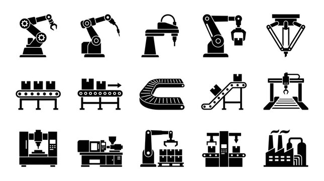 Industrial Automation, Robotics, Manufacturing  Factory Production Line Glyph Icons Set