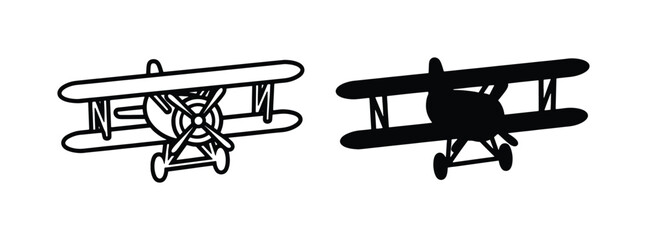 Vintage biplane vector icons, retro propeller airplane silhouettes, antique aircraft line art set, classic aviation flight symbols for logo design © MdFarhan