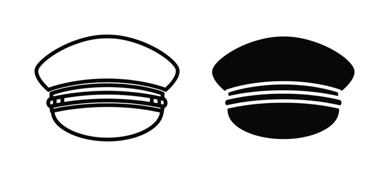Minimalist captain hat vector icons, black and white pilot cap line art, nautical officer headwear symbols for maritime and aviation branding