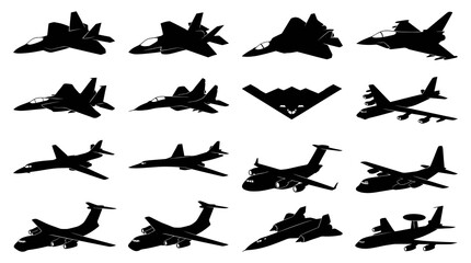Fototapeta premium Black White Silhouette Vector Icons of Various Military Aircraft