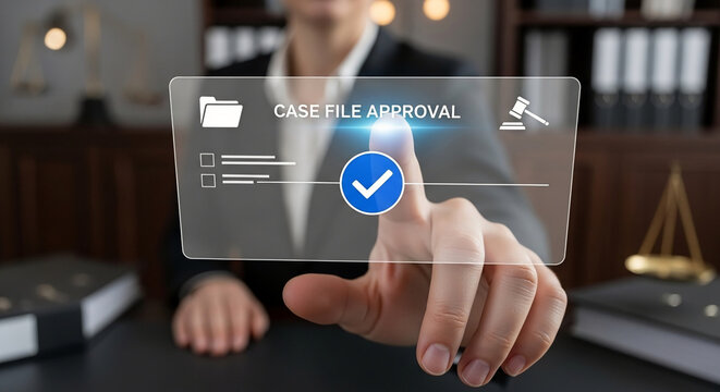 Legal professional approves digital case file on futuristic interface, enhancing efficiency in modern law firm operations