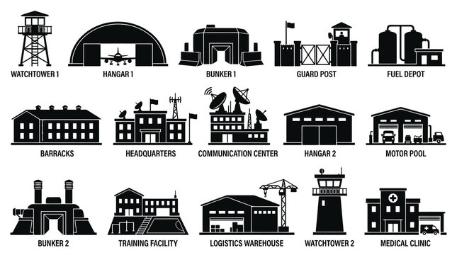 Military Base Buildings Glyph Icons Set. Army Facilities, Structures  Command Center Silhouettes.