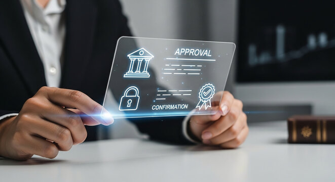 Digital Approval Process with Futuristic Holographic Interface Displaying Icons of Security and Certification for Business and Legal Transactions