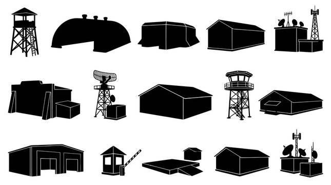 Military Base Buildings and Structures Vector Silhouette Icons Set