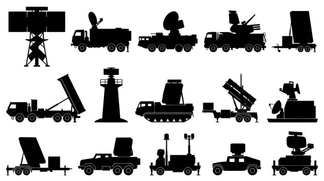 Military Radar Systems and Missile Launchers Silhouettes Set