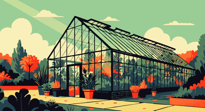 Vibrant greenhouse bursting with life, bathed in sunlight, showcasing a rich collection of thriving plants and lush greenery in an outdoor setting