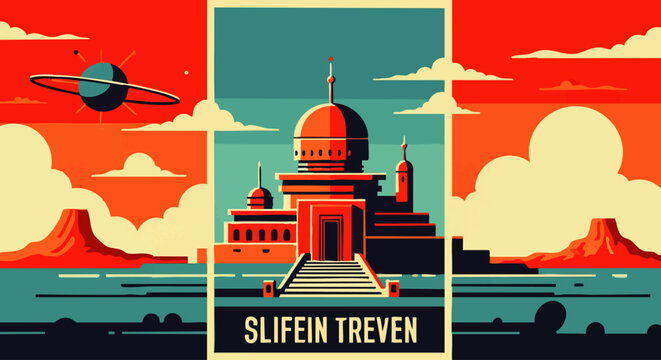 Vibrant retro-futuristic travel poster illustration depicting an imaginary alien world with a magnificent architectural structure set against a dramatic cosmic landscape and colorful sky