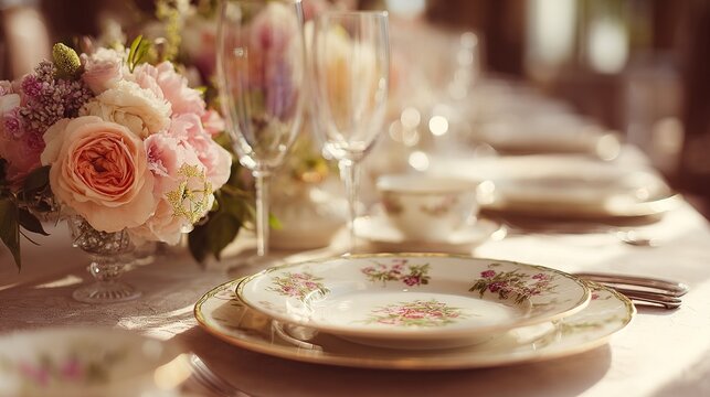 guest. An elegant dining setup with fine china and a floral centerpiece under soft diffused lighting. lifestyle magazines, social media lookbooks, designed for influencer and brand collaborations.