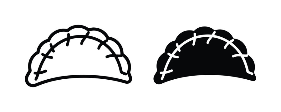 Minimalist pierogi dumpling vector icons, black and white gyoza line art, traditional empanada silhouette set for restaurant menu and food packaging