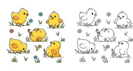 Fototapeta premium Cute Cartoon Baby Chicks in Various Poses with Coloring Page Version, Easter Spring Chickens Illustration Set for Kids Education and Coloring Book Activity