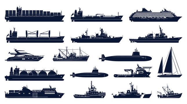 Marine Industry Shipping Vessels and Boats Set - Silhouette Art