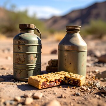 Survival rations and vintage canteens in desert landscape.