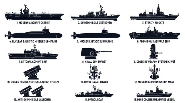 Naval Military Vessels and Weapon Systems Vector Silhouette Icons Set