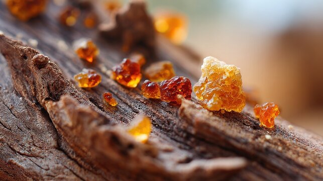 boswellia. Frankincense tree bark with amber resin droplets glistening in sunlight. gardening catalogs, home-decor guides, designed for home decor and floral branding, used by product managers.