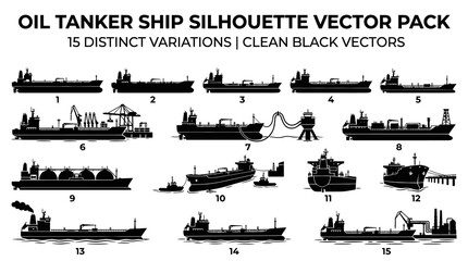 Obraz premium Oil Tanker Ship Silhouettes - 15 Clean Black Vector Illustrations
