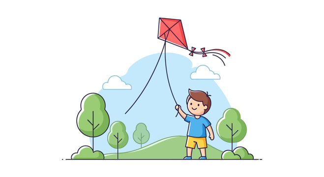 Boy Playing with Red Kite Outdoors.