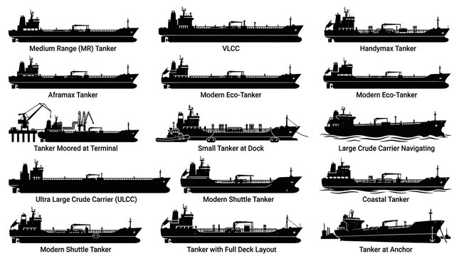 Shipping Tanker Types Illustration - Black and White Vector Icons
