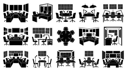 Obraz premium Media Broadcasting Recording Studio Podcast Setups Black White Glyph Vector Icons