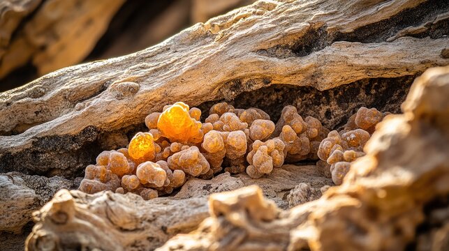 boswellia. Frankincense tree bark with amber resin droplets glistening in sunlight. gardening catalogs, home-decor guides, designed for home decor and floral branding, used by product managers.