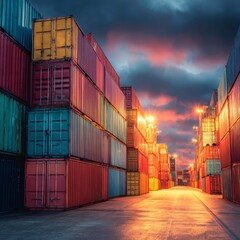 Fototapeta premium Colorful Shipping Containers Stacked at Dusk in a Port Area