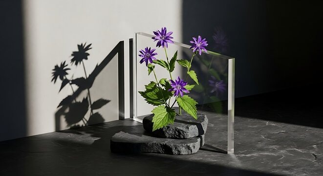 A beautiful purple agastache flower arrangement displayed on textured dark stones behind a clear glass sheet against a modern minimalist neutral background
