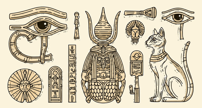 Ancient Egypt vintage art hipster line art Illustration vector with eye of horus, Sacred scarab and Cat