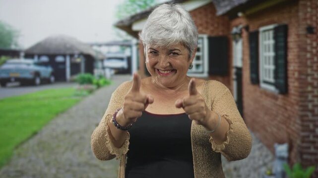 Senior woman points fingers toward camera showing hands and wide smile in front of brick building driveway while wearing cardigan and bracelets; confidence.
