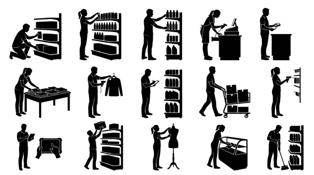 Black and white silhouettes of retail workers performing various tasks in a store