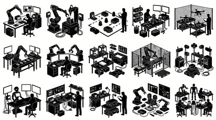 Obraz premium Isometric Robotics and Automation Industry Icons, Technology Business Concept