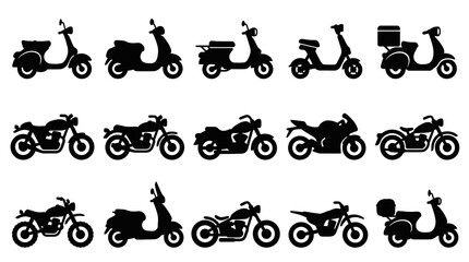 Naklejka premium Automotive Motorcycles and Scooters Vector Silhouettes Icon Set