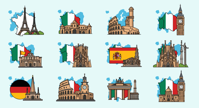 A collection of iconic European landmarks and monuments with their respective country flags, showcasing famous travel destinations and architectural wonders.
