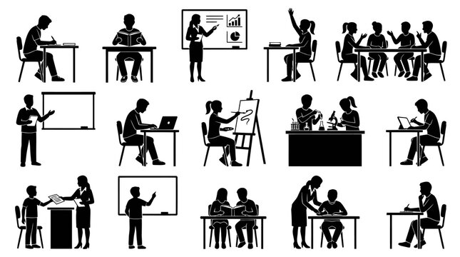 Education concept, students learning, black and white icons, stock vector
