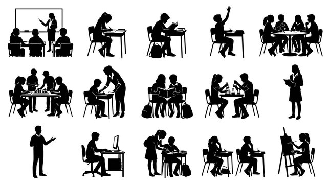Education Silhouettes: Students Learning, Teaching, Studying Together