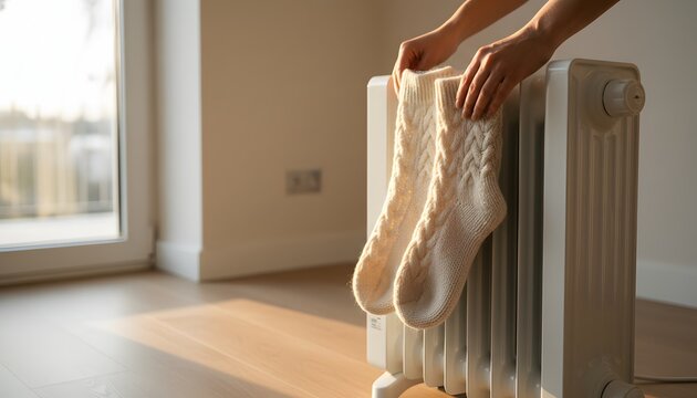Woman placing wool socks near an electric heater to warm them in a sunny room, representing a cozy winter home energy and comfort concept with warm sunlight and soft textures