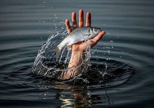 Bare hand catching a silver fish from the water with a splash