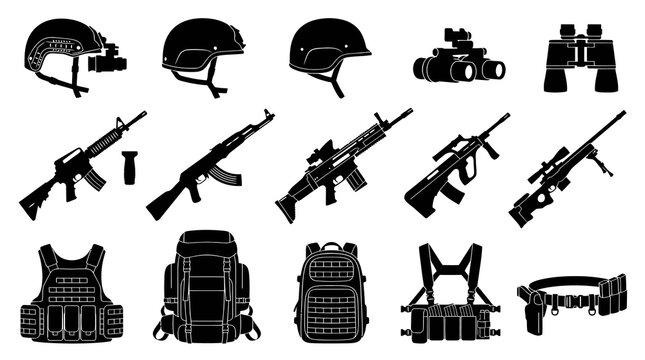 Military Equipment Icons: Black and White Military Gear Vector Art