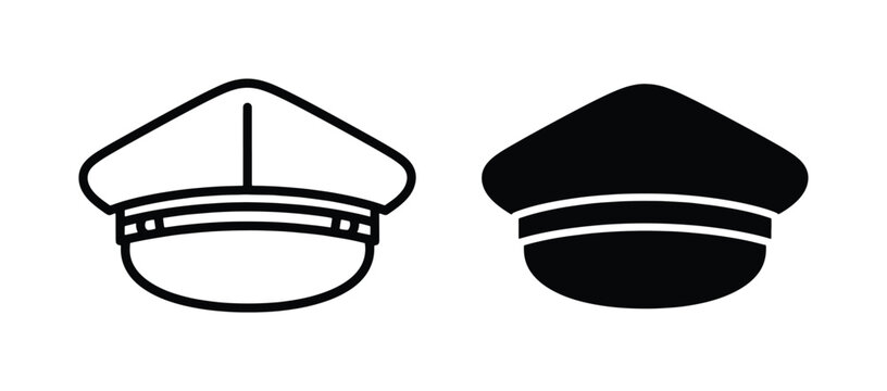 Pilot hat vector icons, airline captain cap line art and silhouette, professional aviation uniform headwear, police and chauffeur service symbols