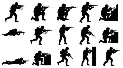 Obraz premium Black Silhouette Soldiers with Guns Poses Set Vector Art